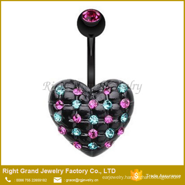 Black Plated Multi CZ Gems Pink Aqua Paved Heart Shape Surgical Steel Belly Button Ring
